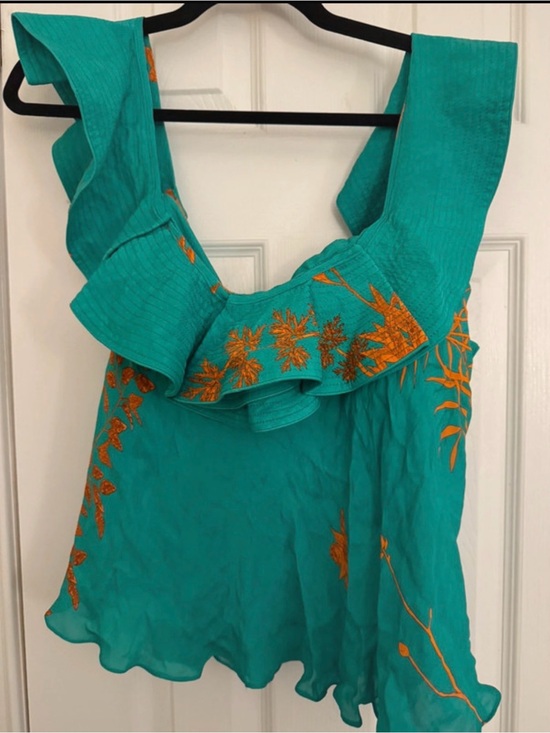 Johanna Ortiz Tops - Johanna Ortiz Turquoise Ruffle Embroidered Camisole with Orange Floral Detail
